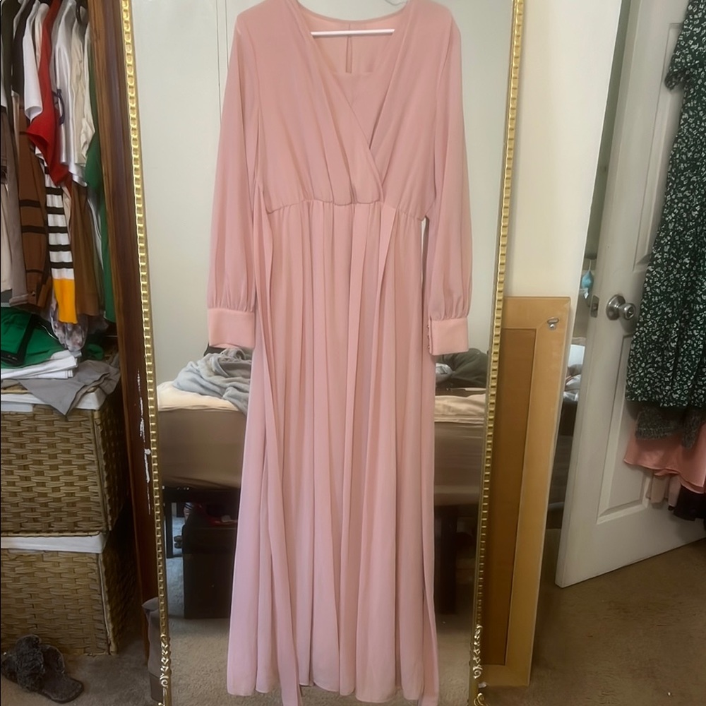 Pink Plunge Neck Tie Front Gown